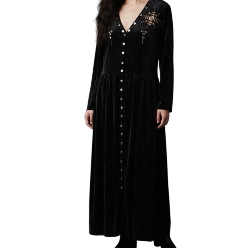 Vintage 90s black Gold embellished crushed velvet maxi whimsigoth emo glam